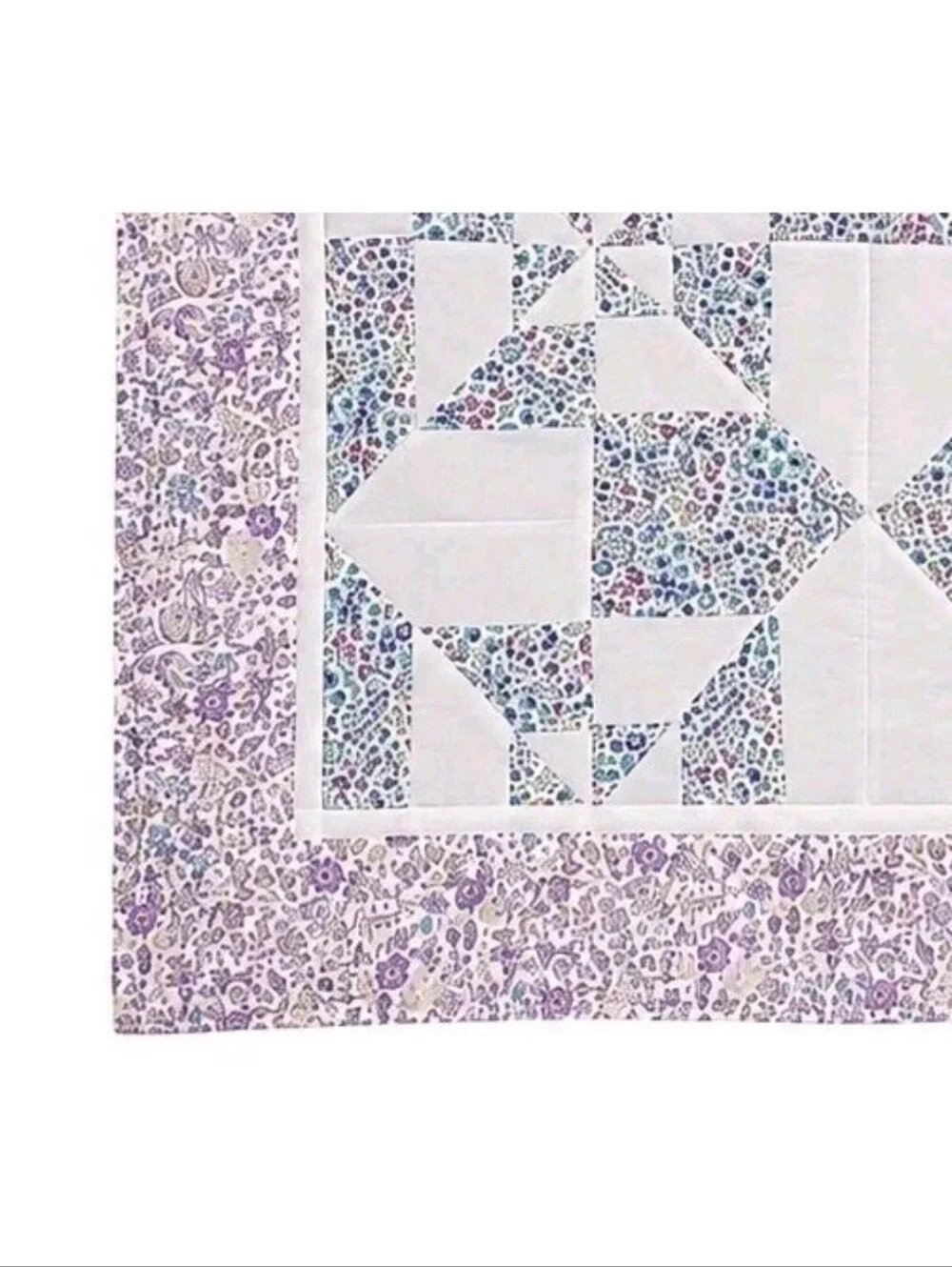 Handmade Unfinished Quilt Top Blue Floral White Lavender Border Patchwork 37 3/4